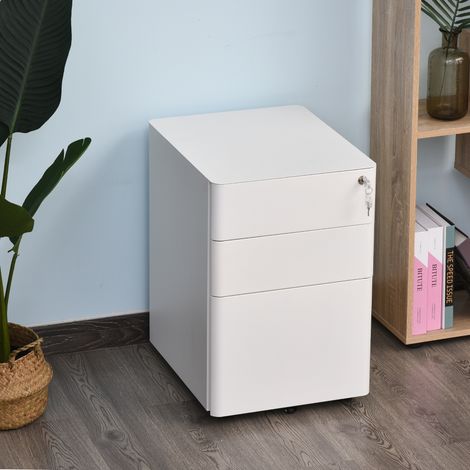 Vinsetto Rollcontainer mit 3 Schubladen mobiler Aktenschrank mit Rollen abschließbar Büroschrank mit Hängeregistratur Stiftfach, Bürocontainer für Büro, Homeoffice, 39 x 48 x 59 cm Weiß (1/5)