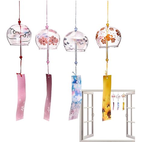 Lot de 4 carillons à vent pour jardin, cloches japonaises en verre, pendentif de style japonais pour extérieur, intérieur, décoration de jardin, cadeau d'anniversaire (1/4)
