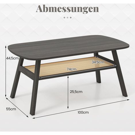 Couchtisch aus holz mit rattan ablage 2 stufig 100x55x445 cm