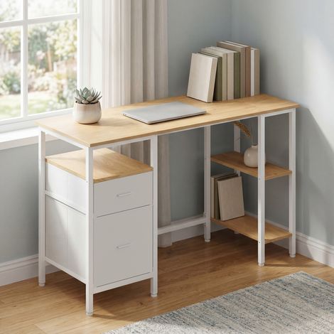 Vasagle – Bureau droit 127 x 50 x 76 cm – 3 étagères dont 1 amovible – 2 tiroirs – Panneaux d’aggloméré et acier – Couleur chêne et blanc (1/5)