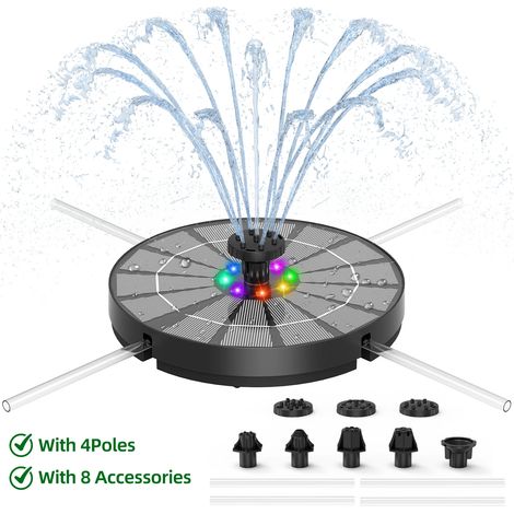 Fontaine solaire 3,5 W avec éclairage, équipée de 4 poteaux fixes et de batteries 1200 mAh pour bains d'oiseaux, jardins, bassins et piscines. (1/5)