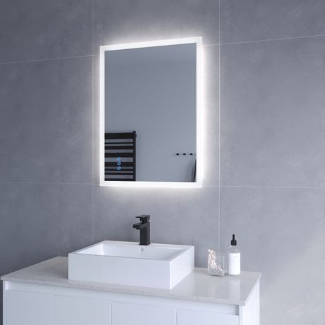 Beleuchteter Badspiegel LED Wandspiegel 80x60cm ECHOS Typ C Touch Sensor Dimmbar Spiegelheizung Kaltweiß 6400K Warmweiß 3000K AQUABATOS (1/5)
