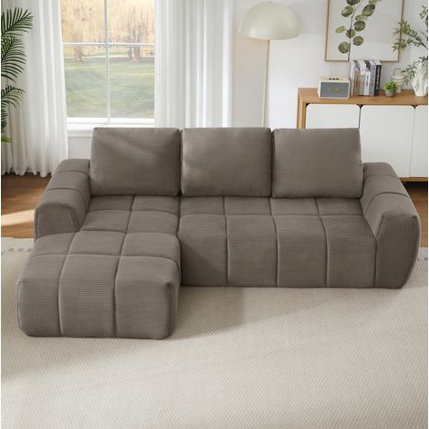 Canapé d’angle taupe en velours côtelé avec coussins amovibles et design capitonné (1/5)