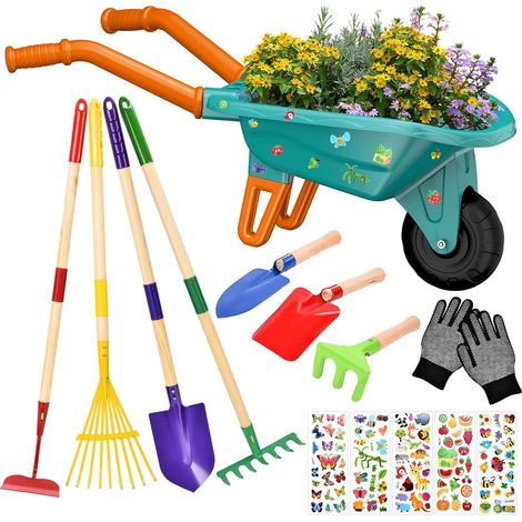 Children's Wheelbarrow, 14 Piece Garden Set with Garden Tools, Spade, Rake, Gloves and Accessories, Wheelbarrow Garden Educational Play Kit for Children 3 Years (Green) (1/5)