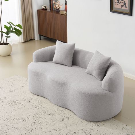 Canapé 2 places en tissu gris clair, forme ondulée, accoudoirs arrondis, 2 coussins HAVRYA (1/5)