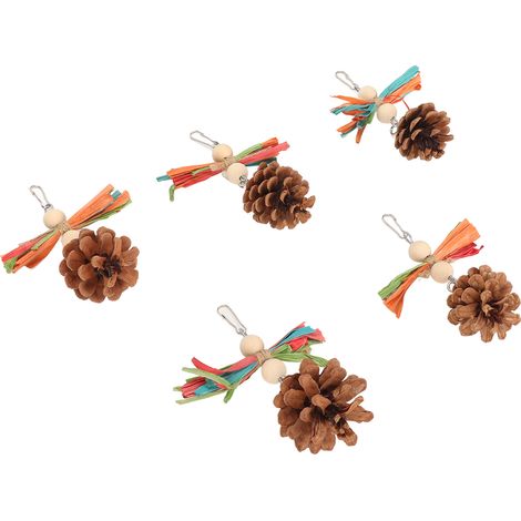 Lot de 5 pommes de pin à mâcher pour oiseaux, résistantes aux morsures, avec raphia coloré. (1/5)
