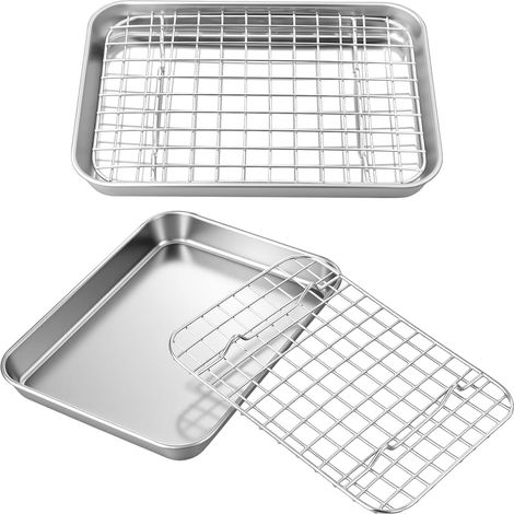 Lot de 2 plaques de cuisson rectangulaires en acier inoxydable avec grille de refroidissement pour la cuisson et le refroidissement, passent au lave-vaisselle, 23,5 x 17,5 x 2,5 cm, argenté (1/5)