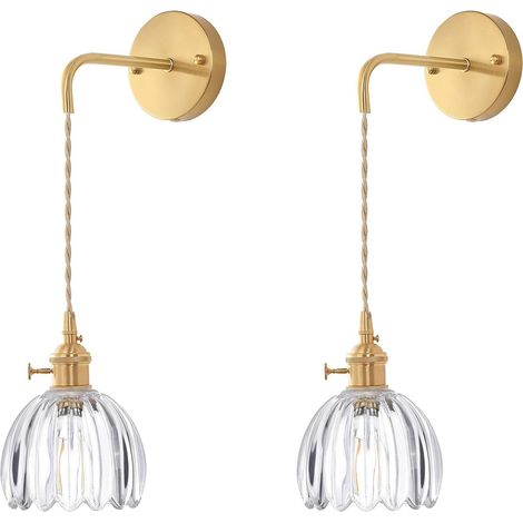 Applique murale vintage en verre cannelé transparent, lampe murale dorée avec douille E27 et interrupteur rotatif pour chambre ou salon (Transparent, 2 pièces) (1/5)