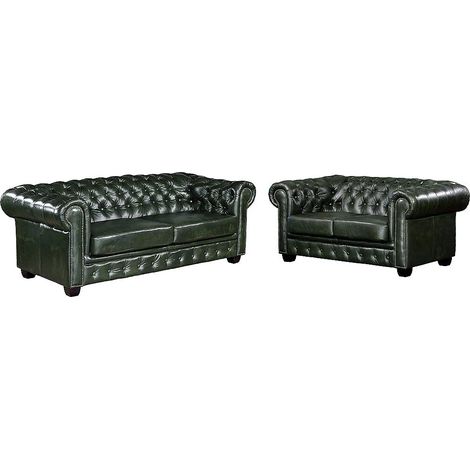 Canapés chesterfield 3 places et 2 places BRENTON 100% cuir de buffle - Vert empire (1/5)