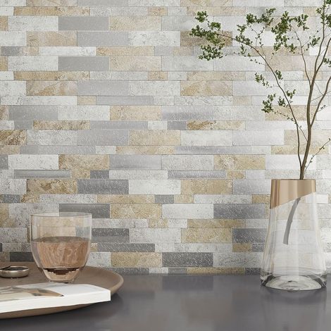 Lot de 10 feuilles d'autocollants 3D pour carrelage mural - Effet pierre texturé - Imperméable - Gris beige (1/5)