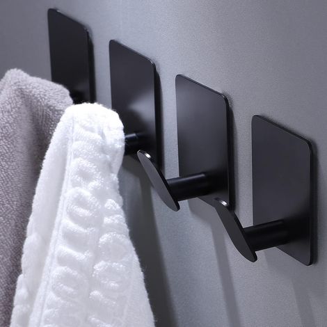 Ganci adesivi - Confezione da 4 appendiabiti/portasciugamani. I ganci da parete si fissano al bagno o alla cucina (nero opaco, acciaio inox).