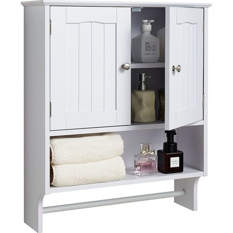 Armoire Murale de Salle de Bain, 2 Portes et Étagère Réglable, Armoire à Pharmacie Au-Dessus des Toilettes, Meuble Suspendu, Cloison Ouverte et Porte-Serviettes, pour Buanderie, Cuisine, Blanc (1/5)
