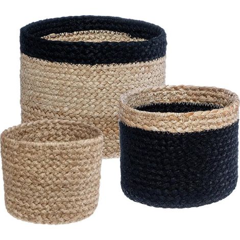 Atmosphera – Lot de 3 paniers en jute végétal 18cm – Ronds noir et naturel – Rangement décoratif pour maison – Faciles à entretenir (1/4)