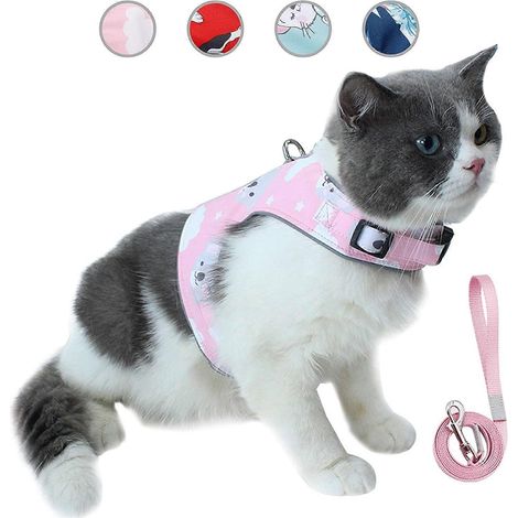 Ensemble laisse et harnais anti-fugue pour chat, gilet réfléchissant en maille ajustable pour animaux de compagnie avec carte anti-perte (L, rose) (1/5)