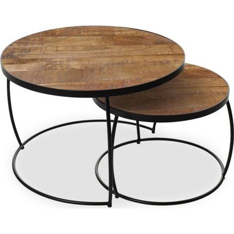 Tavolino basso nidificato rotondo in legno massiccio esotico collezione LARSON. Mobile stile industriale