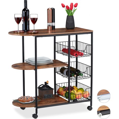 Relaxdays Chariot de service, cuisine ,3 supports, paniers, industriel, métal et MDF, HlP 84x83x37 cm,noir,brun (1/5)