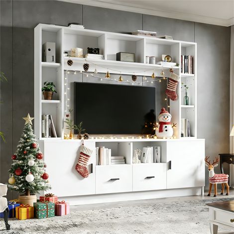 Modernluxe – Meuble TV blanc 180x35x170 cm – 2 portes, 2 tiroirs, 11 compartiments – Panneaux de particules, design élégant – Compatible jusqu'à 60 pouces (1/5)