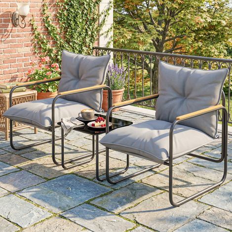 Set bistrot 3 pièces, meubles d'extérieur en métal avec coussins, gris foncé (1/5)