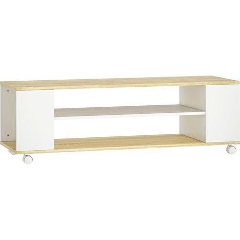 Meuble téléviseur sur roulettes 120 cm, support TV pour écran jusqu'à 55 pouces, 2 étagères apparentes, blanc et naturel (1/5)