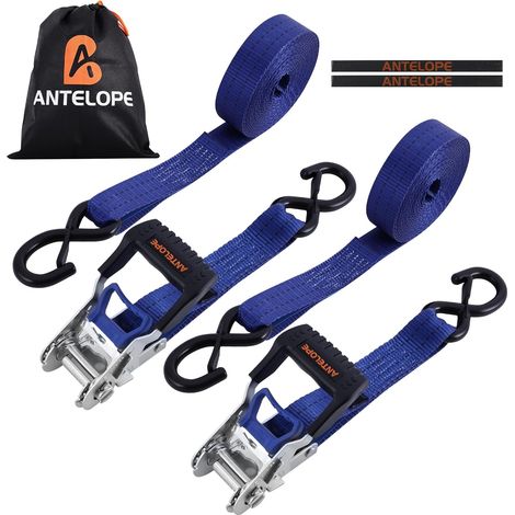 Lot de 2 sangles d'arrimage à cliquet avec cliquet - 35 mm x 6 m - Avec cliquet et crochet en S - Pour moto, déménagement et cargaison - Bleu (1/5)