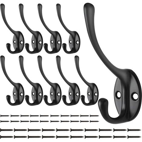 10 Pièces Crochet Mural Patère Noir, Porte Manteau Murale Vintage Crochet pour manteau Crochet col de cygne Crochet Mural Double avec 40 vis, pour Porte Salle de Bain Cuisine (1/5)