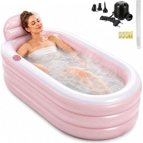 Baignoire gonflable 160x85x45cm avec pompe à air AC, adaptée bain chaud & froid, PVC, fond confort, appui-tête, gonflage rapide, facile à nettoyer, pour jardin balcon spa, rose (1/5)