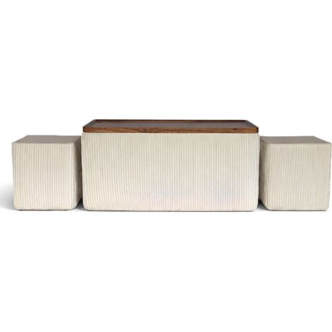 Set 3 Pouf Contenitore Quadrati con Tavolino Rettangolare da Salotto in Velluto e Coperchio in Legno, 2 Pouf Interni Salvaspazio, Tavolino Contenitore Moderno,Poggiapiedi, Seduta Imbottita Beige