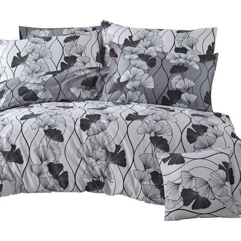 Baumwollbettwäsche 160x200 Satin 100% BAUMWOLLE schwarz-weiße Ginkgoblätter (1/5)