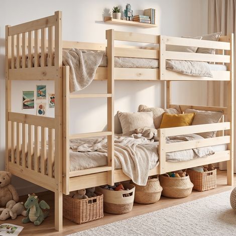 Lit superposé séparable 90x190 cm KACPER Interbeds - Bois massif de pin avec barrière, sommier – Pin naturel (1/5)