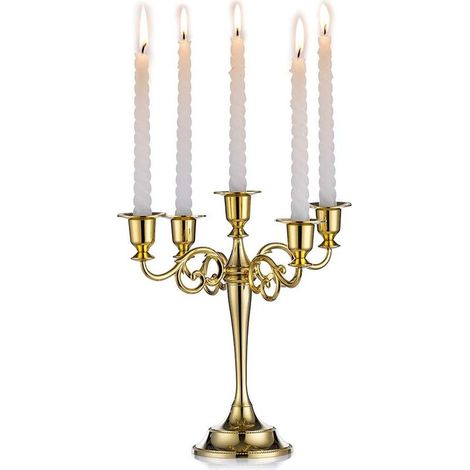 Memkey – Bougeoir conique doré à 5 branches métalliques, 27 cm – Design vintage élégant – Idéal pour les mariages, anniversaires et décorations de Noël – Socle en velours (1/5)
