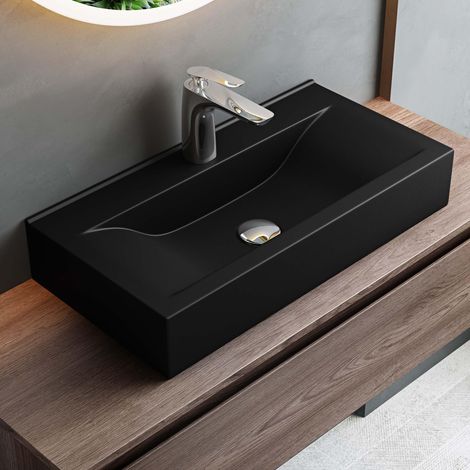 Mai & Mai Waschbecken Aufsatzwaschbecken Hängewaschbecken aus Keramik in Schwarz Matt mit Nano-Beschichtung/Lotus-Effekt, Rechteckig BTH: 60x31x10cm Brüssel118g