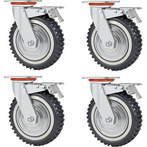 Satz mit 4 Schwerlast-Transportrollen, Durchmesser: 200 mm, 4 Lenkrollen mit Bremsen, Vollgummi, 360°-Drehung, 2000 kg (1/5)