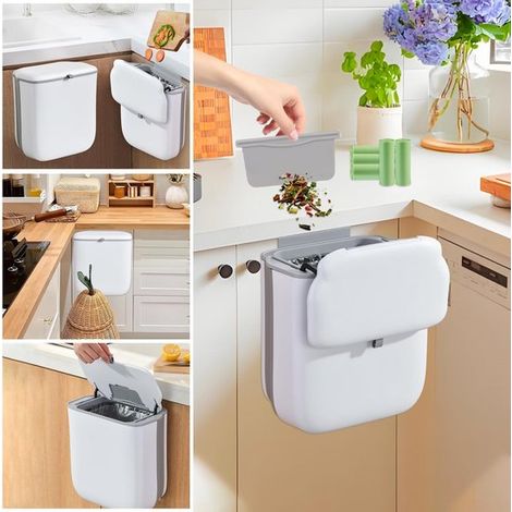 Poubelle de cuisine pliable - Tri des déchets - Couvercle anti-odeurs - 10 litres - Blanc-gris (1/5)
