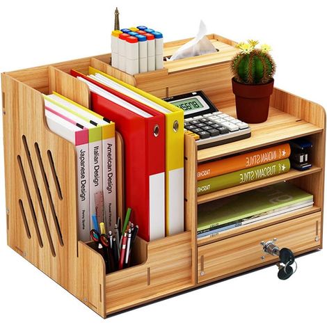 1 Organiseur de bureau, 2 compartiments dossiers, tiroir verrouillable, rangement fournitures, espace de travail (1/5)