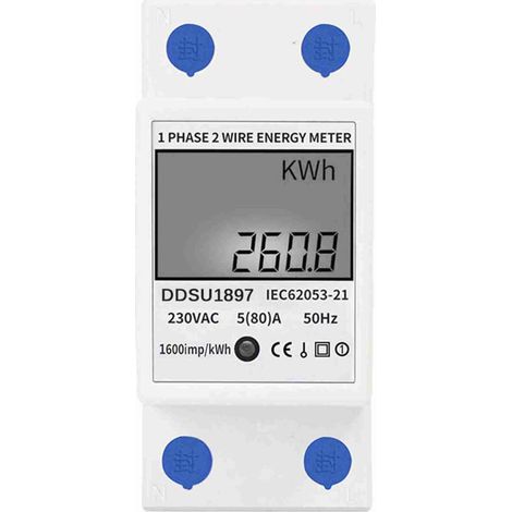 Contador eléctrico digital monofásico para montaje en carril DIN – 1 o 2 hilos, multifunción, pantalla LCD, precisión de clase 1