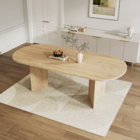 Table à manger extensible 180×90×75 cm, 6-8 personnes, design aux angles arrondis, plateau épais, style minimaliste, MDF marron clair (1/5)