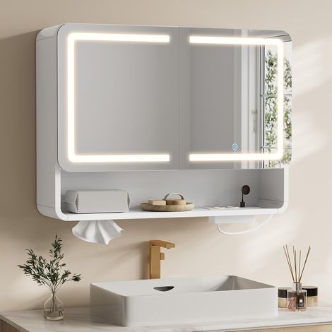 Spiegelschrank Bad mit Beleuchtung LED, 80x60x16cm, Badezimmer Spiegelschrank mit Steckdose, Badezimmerschrank Verstellbare Regale, Hängeschrank, Einlass für die Tissuebox (1/5)