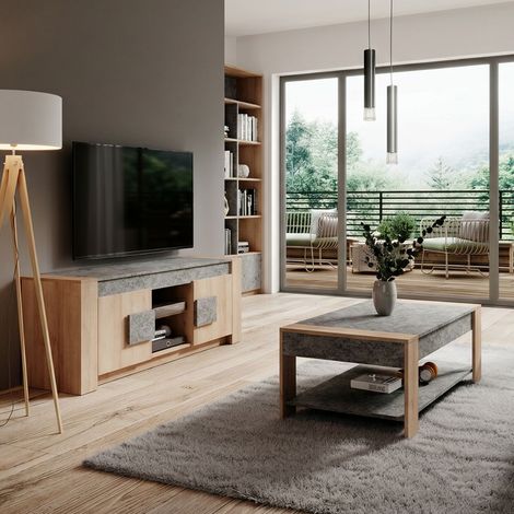 Ensemble table basse et meuble TV aspect chêne clair et granit gris - AZYA (1/5)