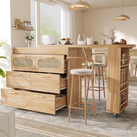Table de bar cuisine,Table de bar,avec 6 tiroirs et portes,en résine tressée,Table haute pivotante à 360° avec dispositif anti-basculement, vaste espace de rangement et poignées métalliques,Naturel