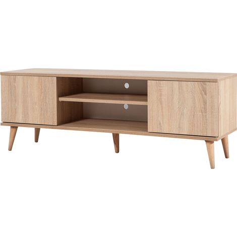 Les Tendances – Meuble TV en bois clair à lamelles – Dimensions L 140 x H 50 x P 40 cm – Étagère centrale L 59 x H 15 cm – Pieds en bois 15 cm (1/5)