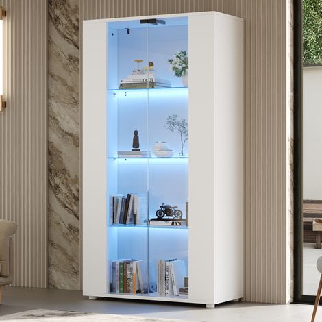 Vitrina 80x36x150 cm de paneles de madera y vidrio blanco con LED FloraGrace (1/5)