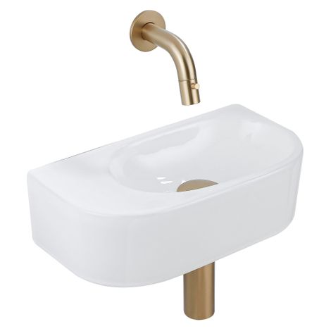 QeramiQ Fuente Ensemble de Lavabo - 40x21.5x12cm - lisse - demi-rond - céramique - ensemble de robinet en laiton brossé - bouchon de vidange - siphon
