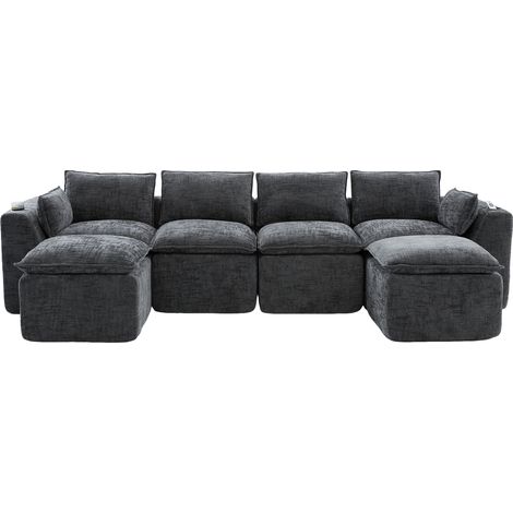 Modulares Sofa 4-Sitzer mit Seitentaschen und Kissen, Chenille Dunkelgrau (1/5)