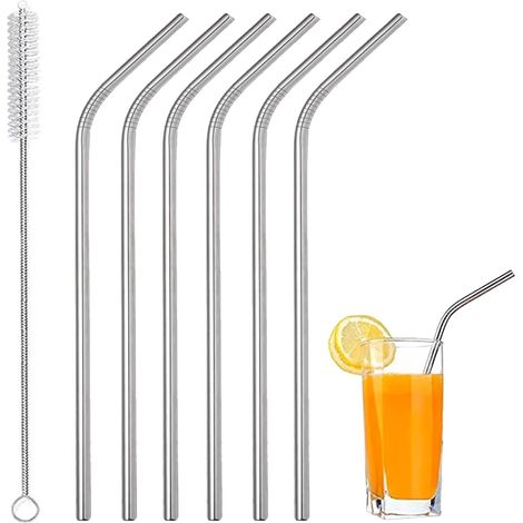 Set di 6 cannucce e spazzolini in acciaio inox - Riutilizzabili, in metallo, ideali per frullati, acqua, succhi di frutta, frappè, design curvo argento (6 cannucce - 1 spazzolino) diametro 6 mm (1/5)