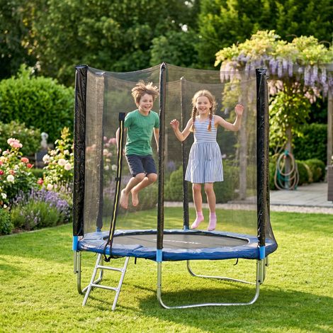 Trampoline avec échelle et filet de sécurité, en acier et plastique, Ø180x200 cm, bleu (1/5)