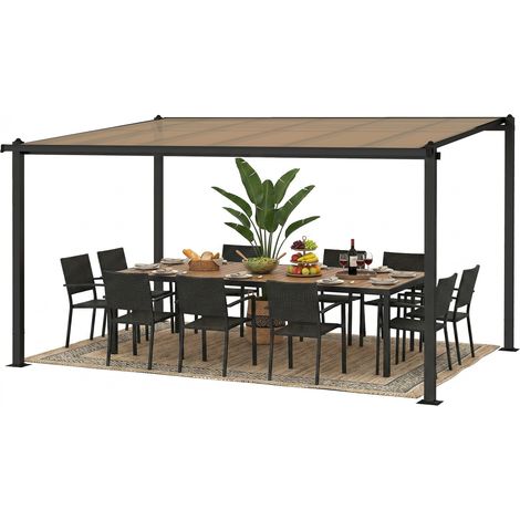 Pergola adossée 3,8 x 3 m avec toit en polycarbonate, structure rigide en aluminium avec gouttières intégrées, gris foncé (1/5)