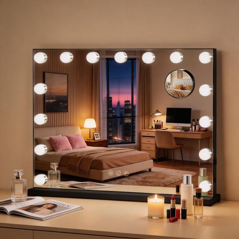 Miroir Hollywood Lumineux Noir avec 15 Ampoules, Port USB Miroir Coiffeuse 58x45cm, Grossissant 10x, Tactile, 3 Modes Éclairage, Fixation Murale ou Table, Cosmétique (1/5)