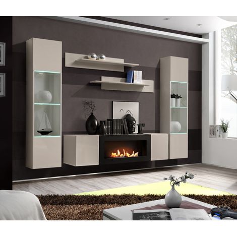 Ensemble meuble TV mural Fly M3 avec cheminée bioéthanol, vitrine et éclairage LED - Bois MDF cachemire - 260 x 170 x 40 cm - Livraison gratuite (1/3)