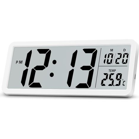 8.5 Inch Digital Wall Clock Battery Operated LCD Large Digit Digital Desk Clock with Temperature, Date, 12/24H, Wall Clock for Living Room, Bedroom, Office, Kitchen, White