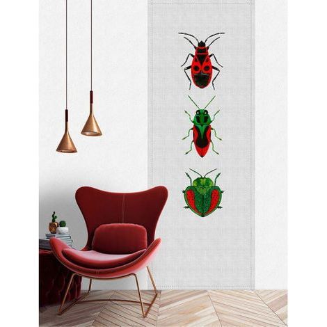 Papier peint panoramique insectes rouges et verts Tapisserie panoramique aspect textile gris Papier peint panoramique pour chambre d'enfant (1/3)